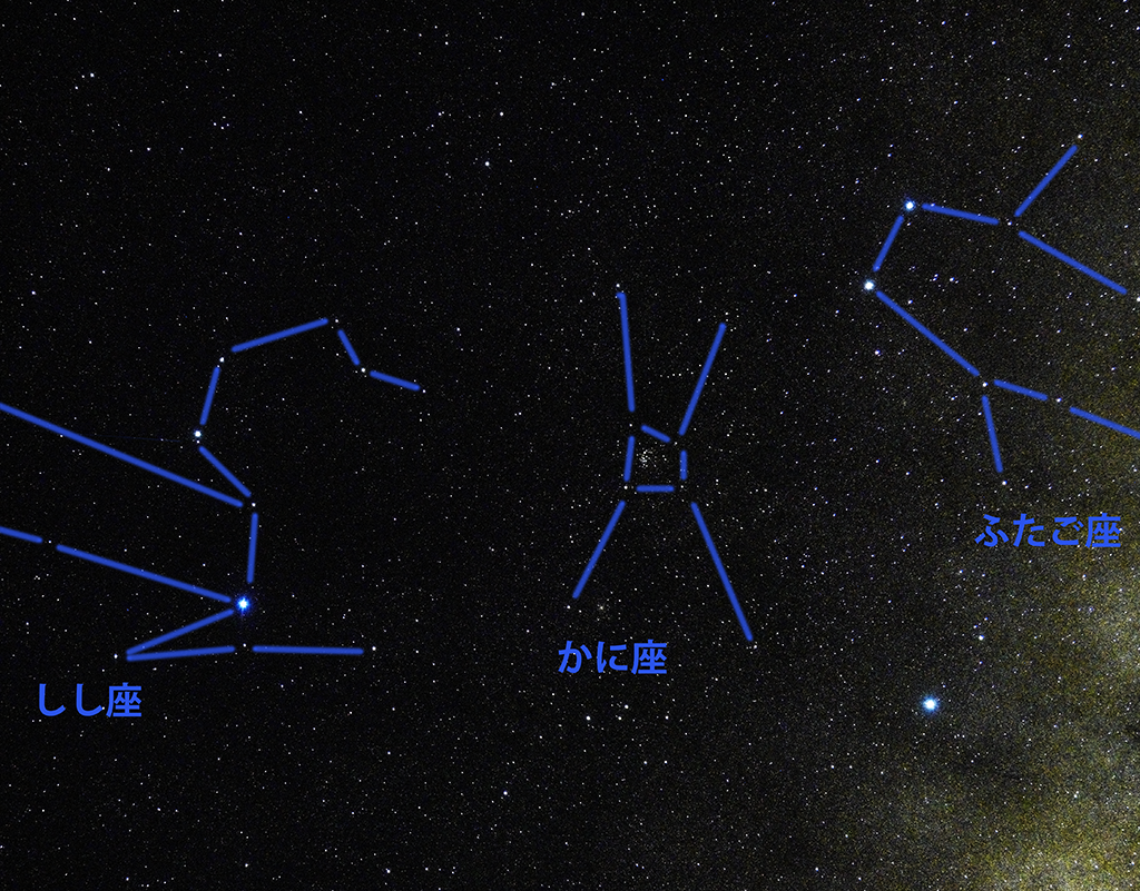 しし座、かに座、ふたご座の星々（星座線あり）